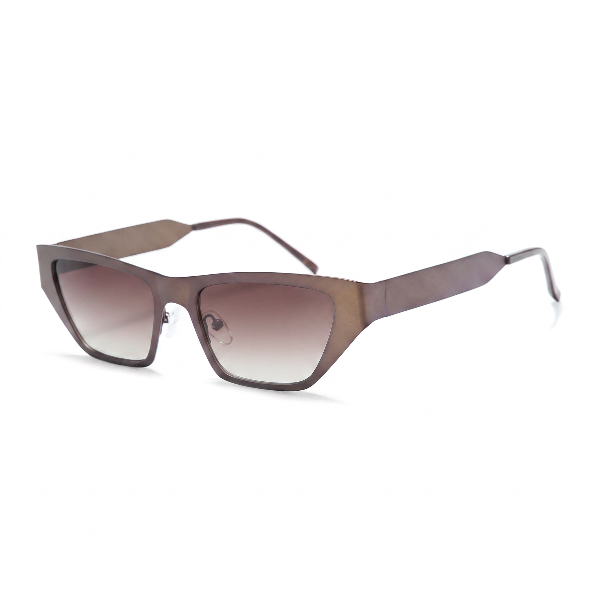 A pair of angular square sunglasses with a translucent smoky brown frame and gradient brown lenses, shown on a plain white background.