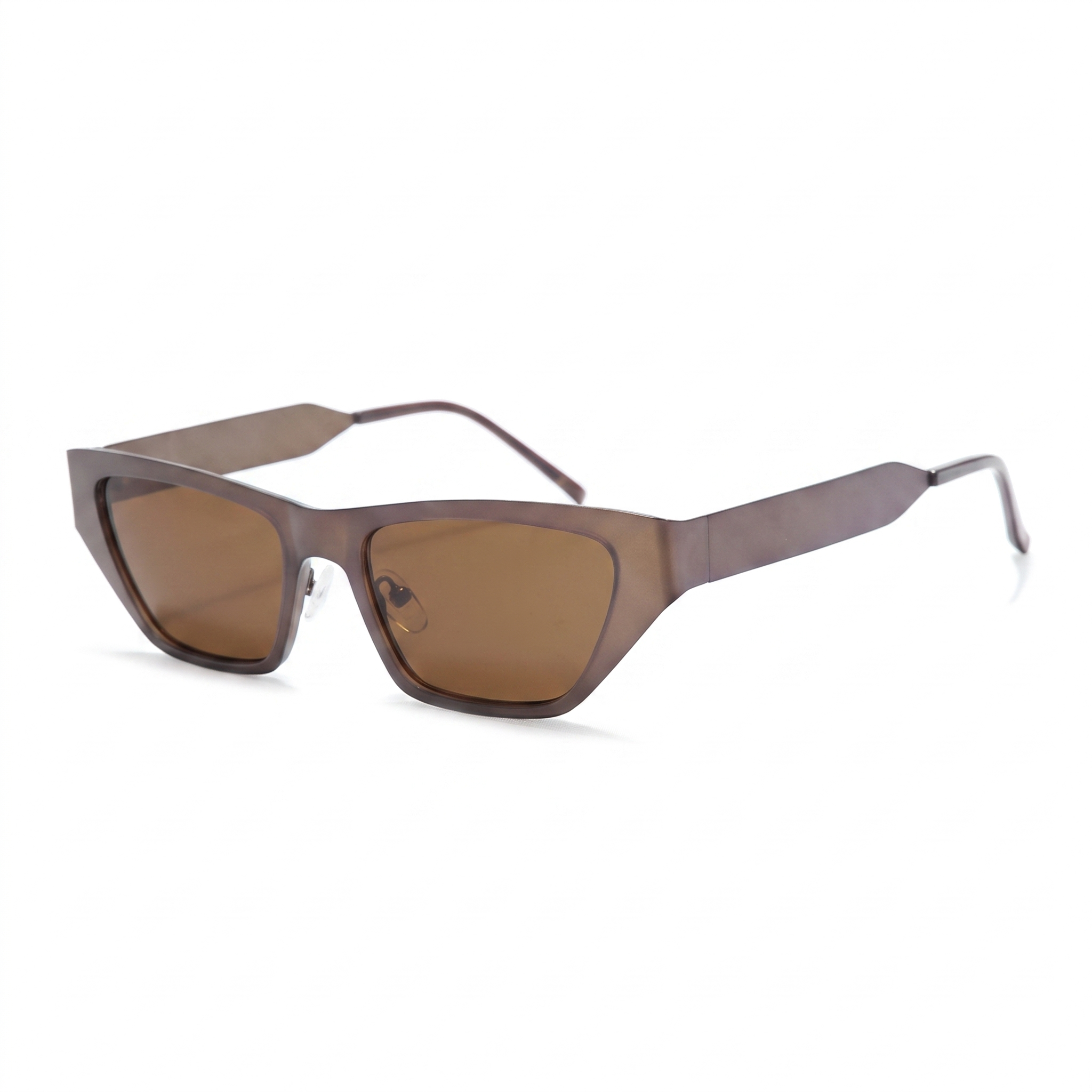 A pair of angular sunglasses with a translucent smoky brown frame and matching brown lenses, shown on a clean white background.