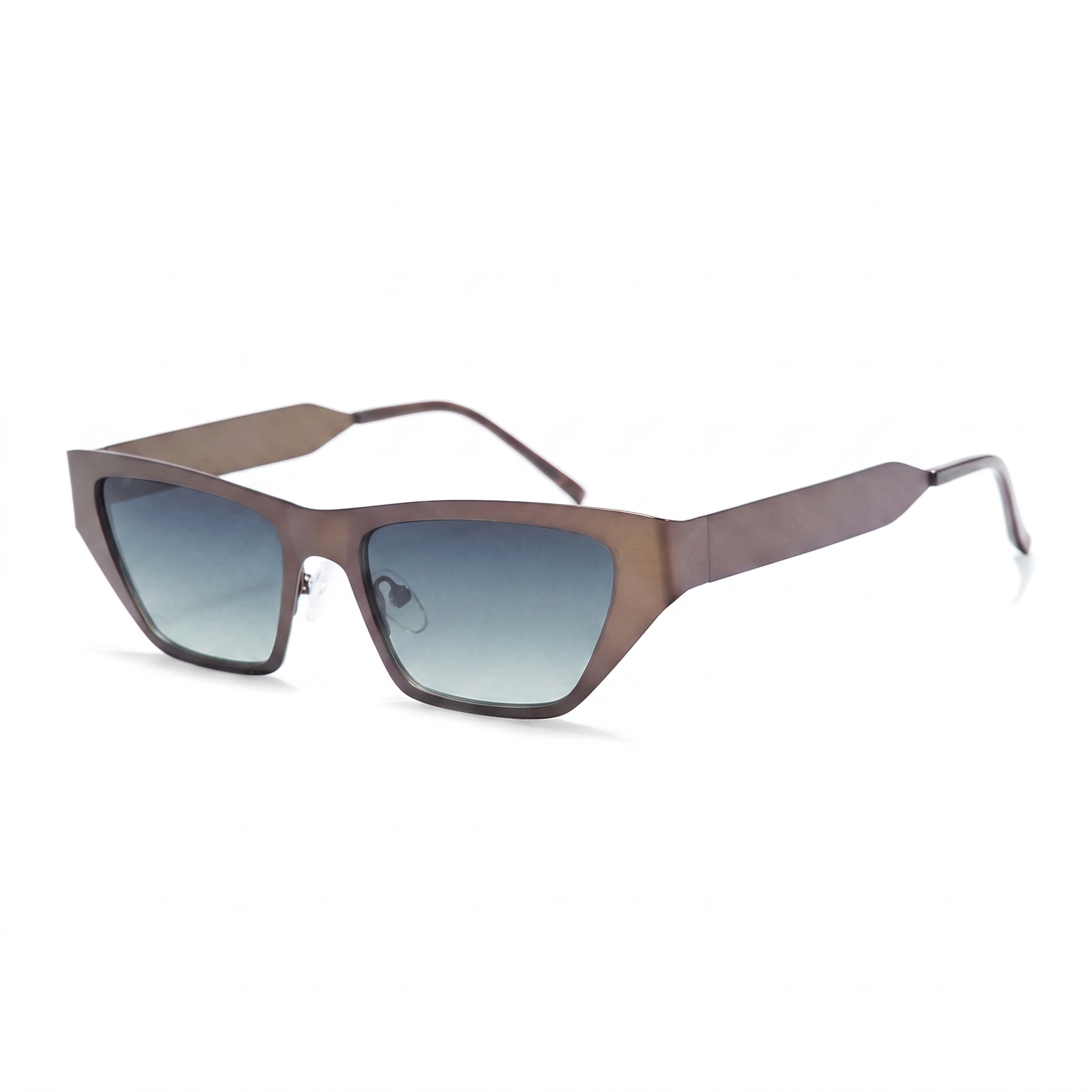 A pair of angular square sunglasses with a translucent brown frame and gradient blue-gray lenses, shown on a clean white background.