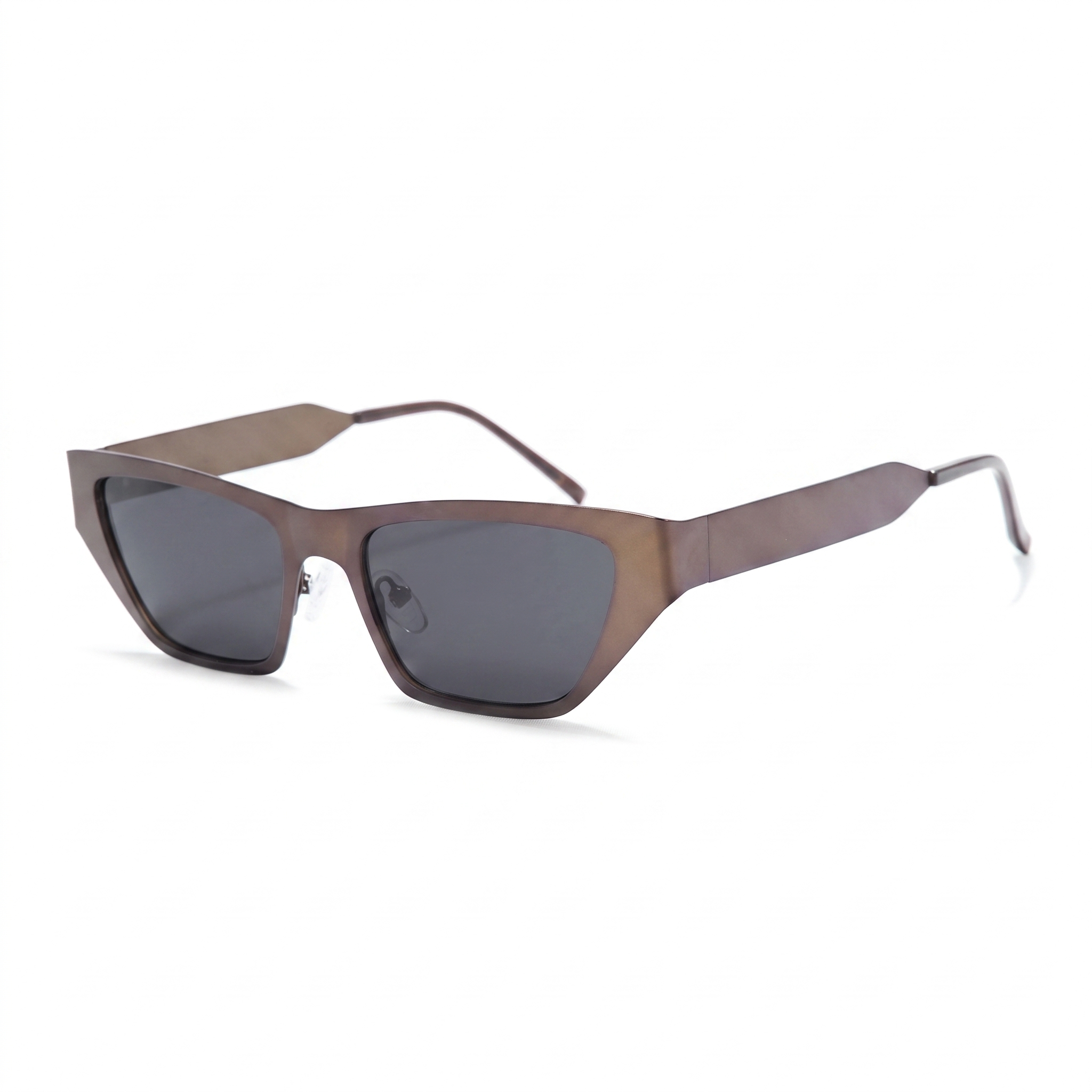 A pair of angular sunglasses with a translucent brown acetate frame and dark gray lenses, shown on a clean white background.