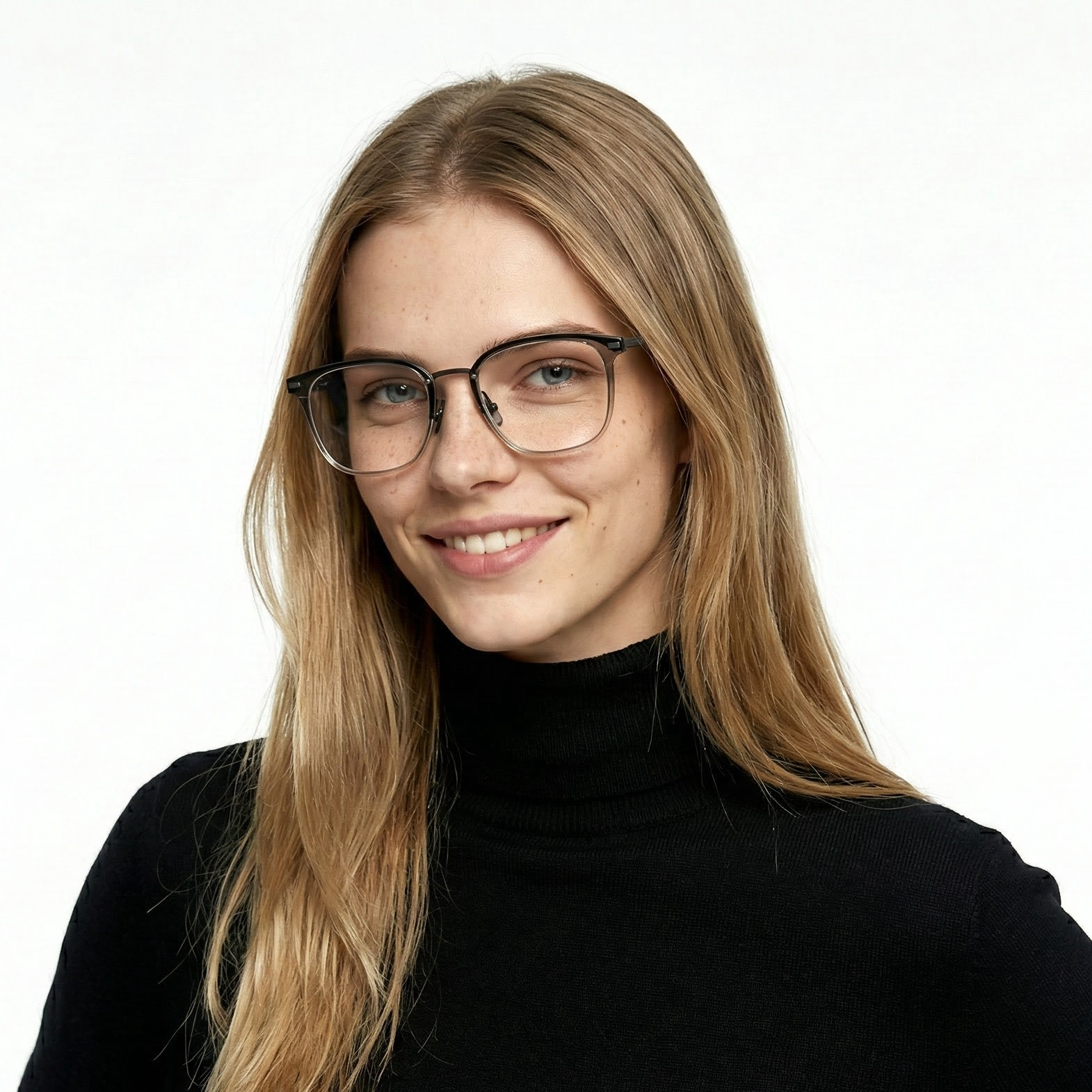 Woman wearing glasses and a black turtleneck against a white background