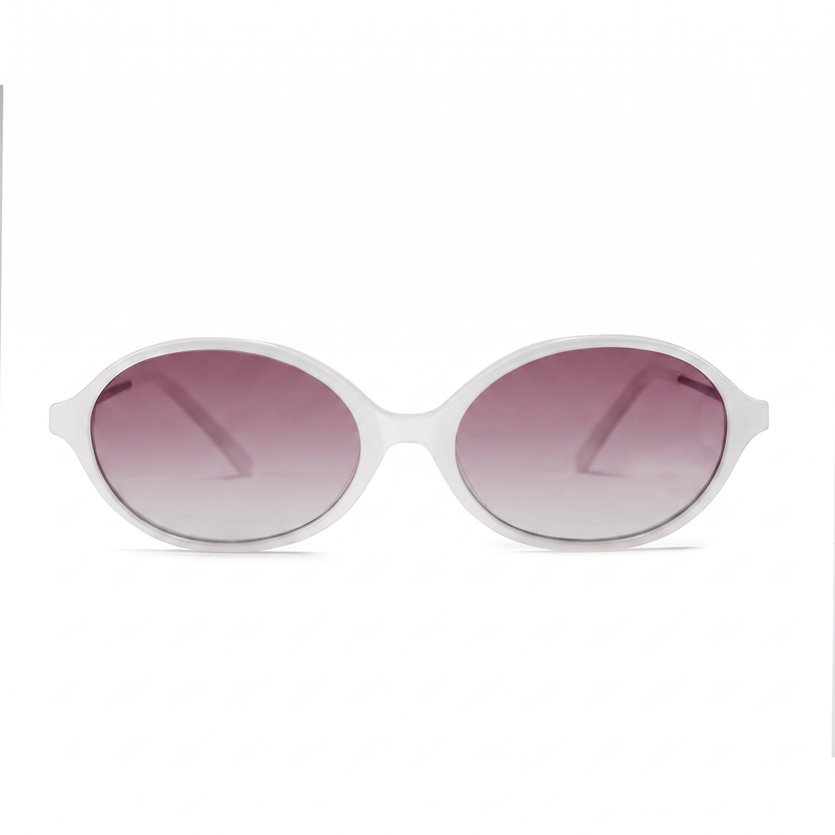 Oval sunglasses with a thick white frame and gradient pink-to-clear lenses, shown against a plain white background.