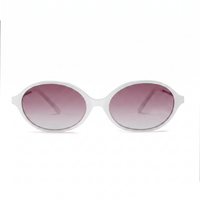 Oval sunglasses with a thick white frame and gradient pink-to-clear lenses, shown against a plain white background.