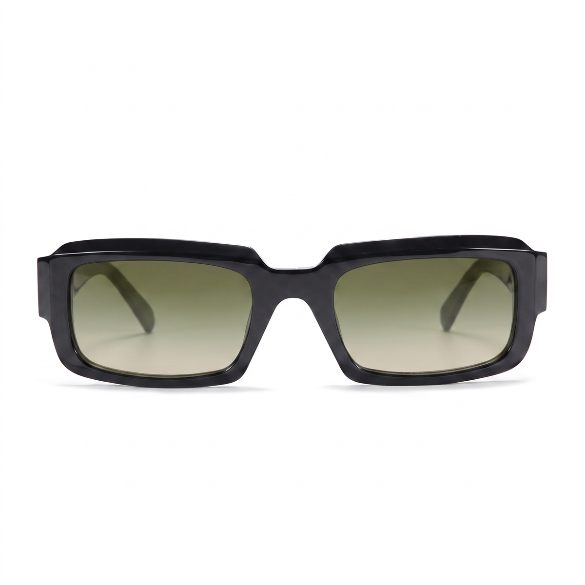 A pair of square sunglasses with a thick black frame and gradient green lenses, shown from the front on a white background.