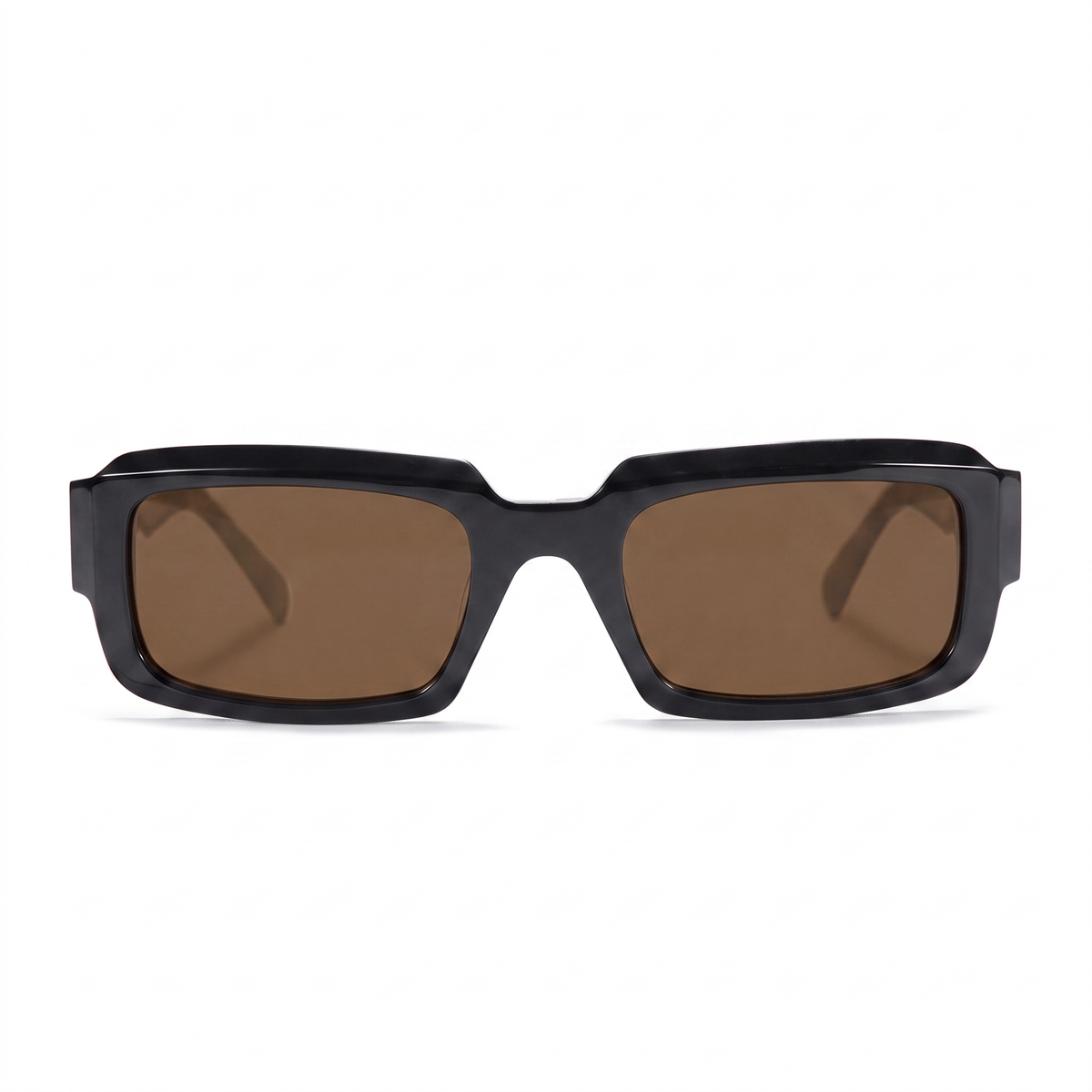 Rectangular sunglasses with a thick black frame and brown tinted lenses, shown from the front on a white background.