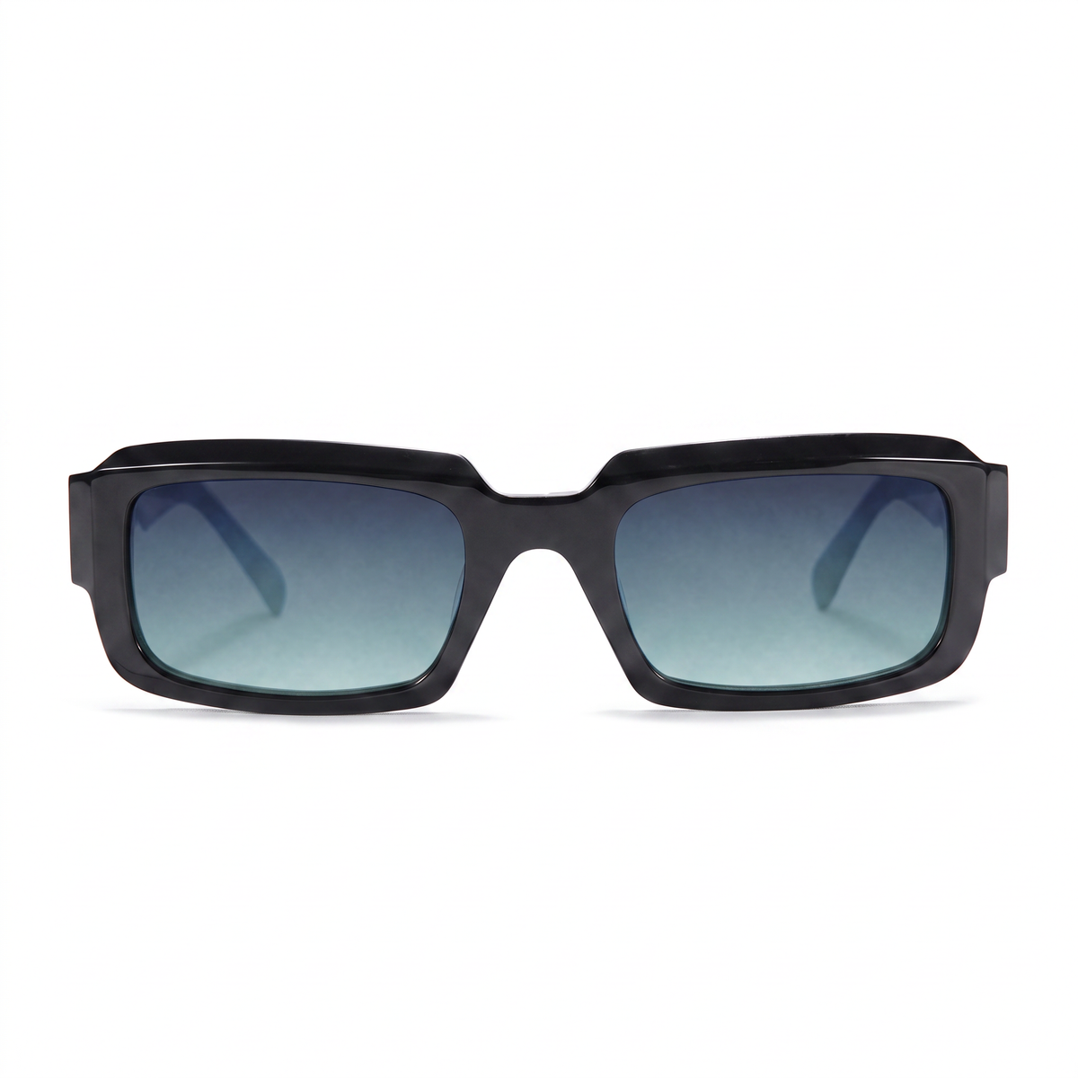 A pair of square sunglasses with a thick black frame and gradient blue-gray lenses, shown against a plain white background.