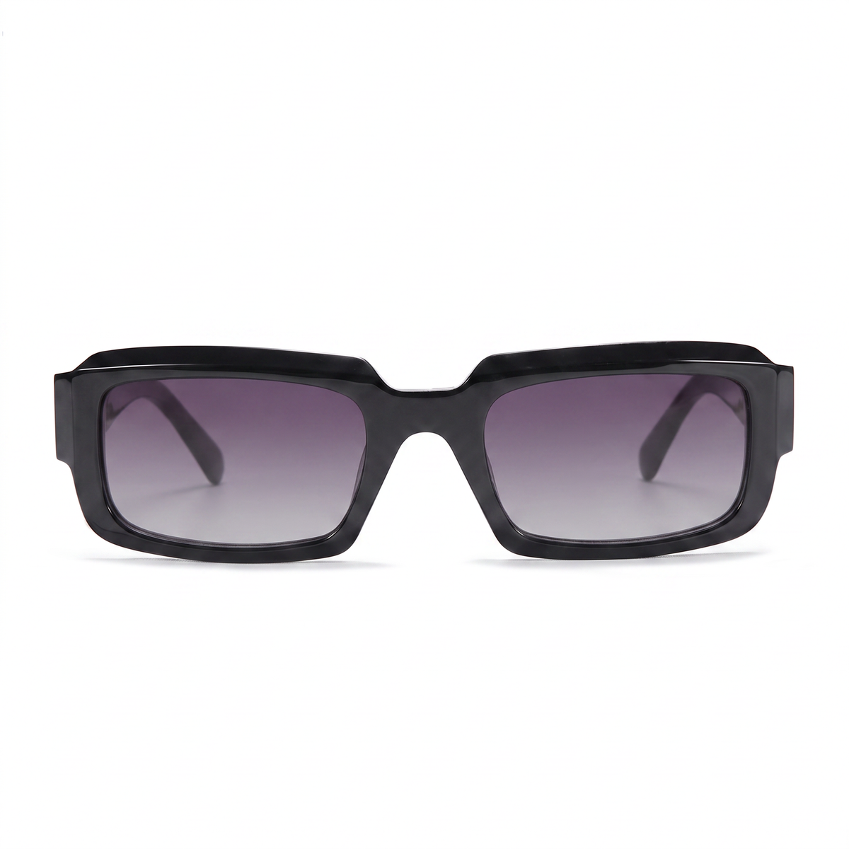 A pair of square sunglasses with a thick black frame and gradient gray-purple lenses, shown against a plain white background.