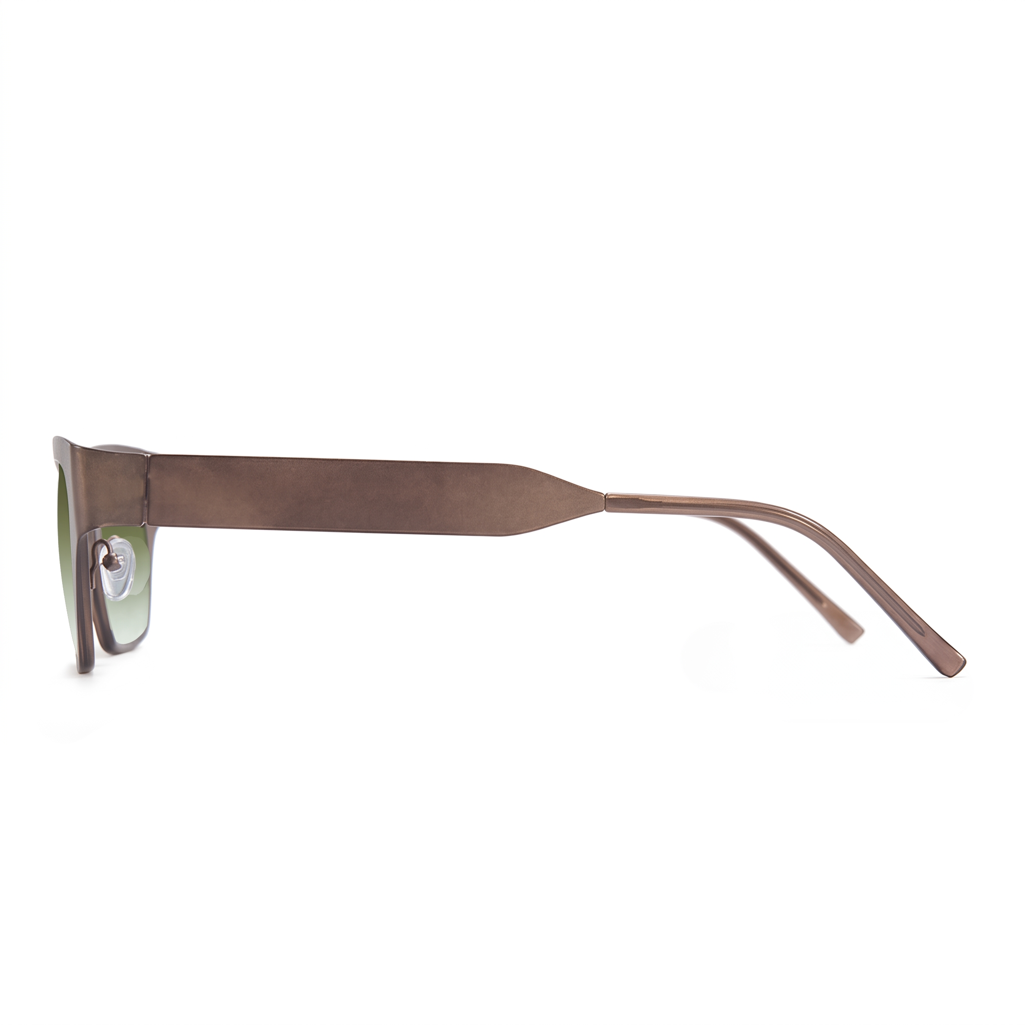A pair of sunglasses with a thick, matte brown metal frame and light green lenses, shown in a side profile view against a plain white background.