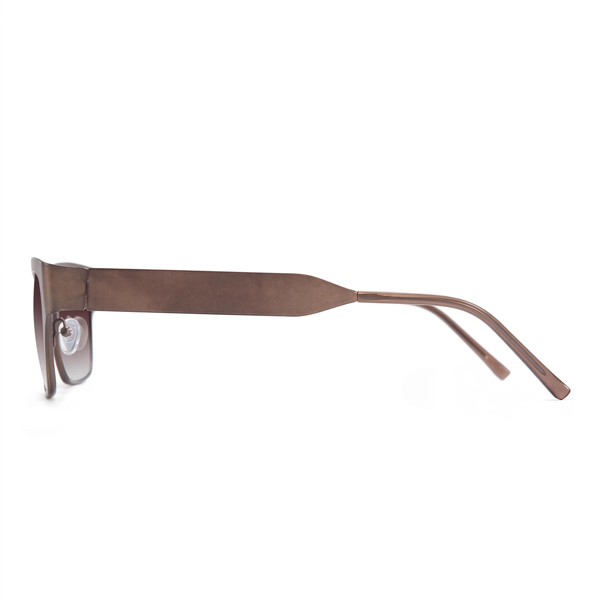 A pair of sunglasses with a thick, square-shaped brown metal frame, shown in a side profile view against a plain white background.