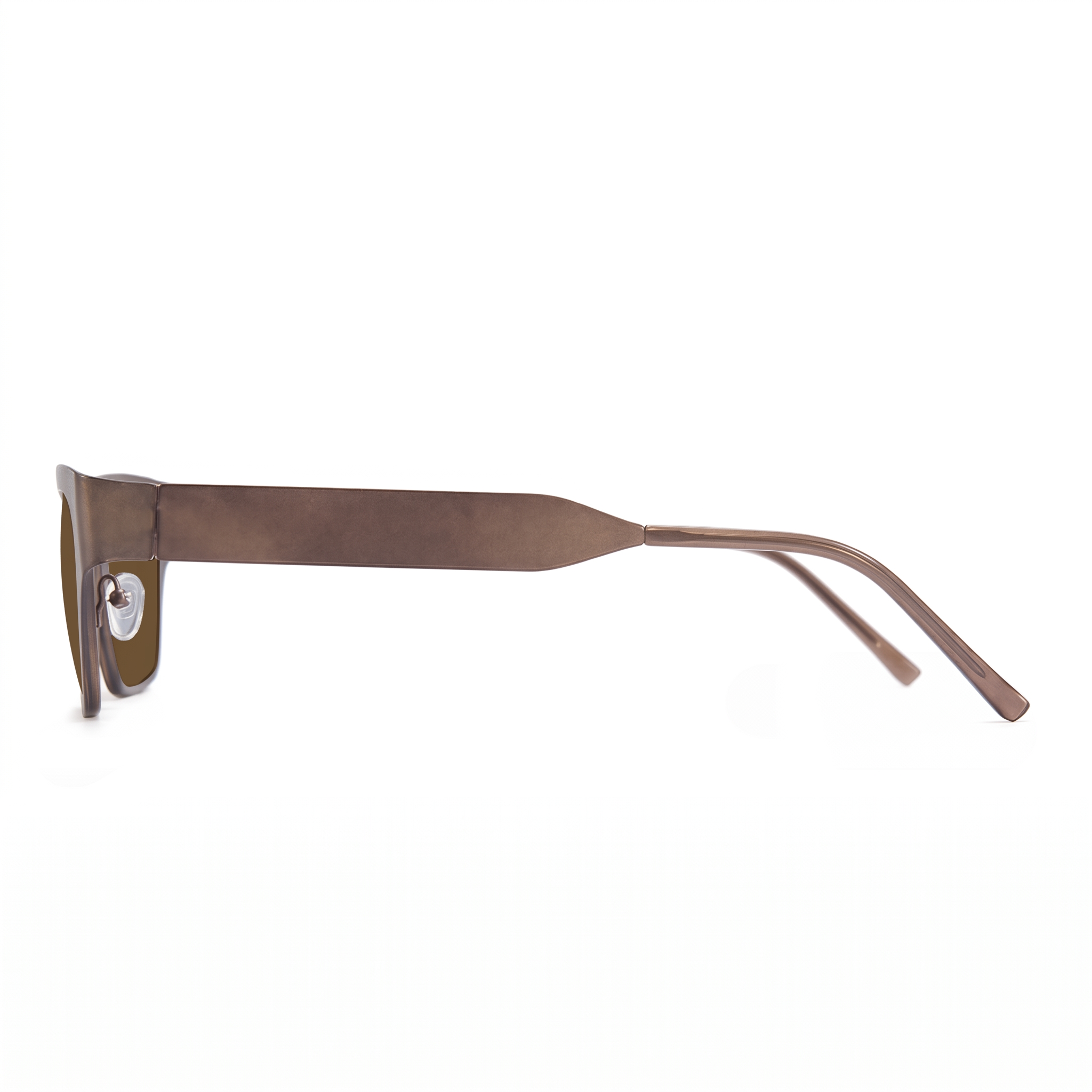 A pair of sunglasses with a thick, rectangular bronze-brown metal frame and matching temples, shown in a side profile view against a plain white background.