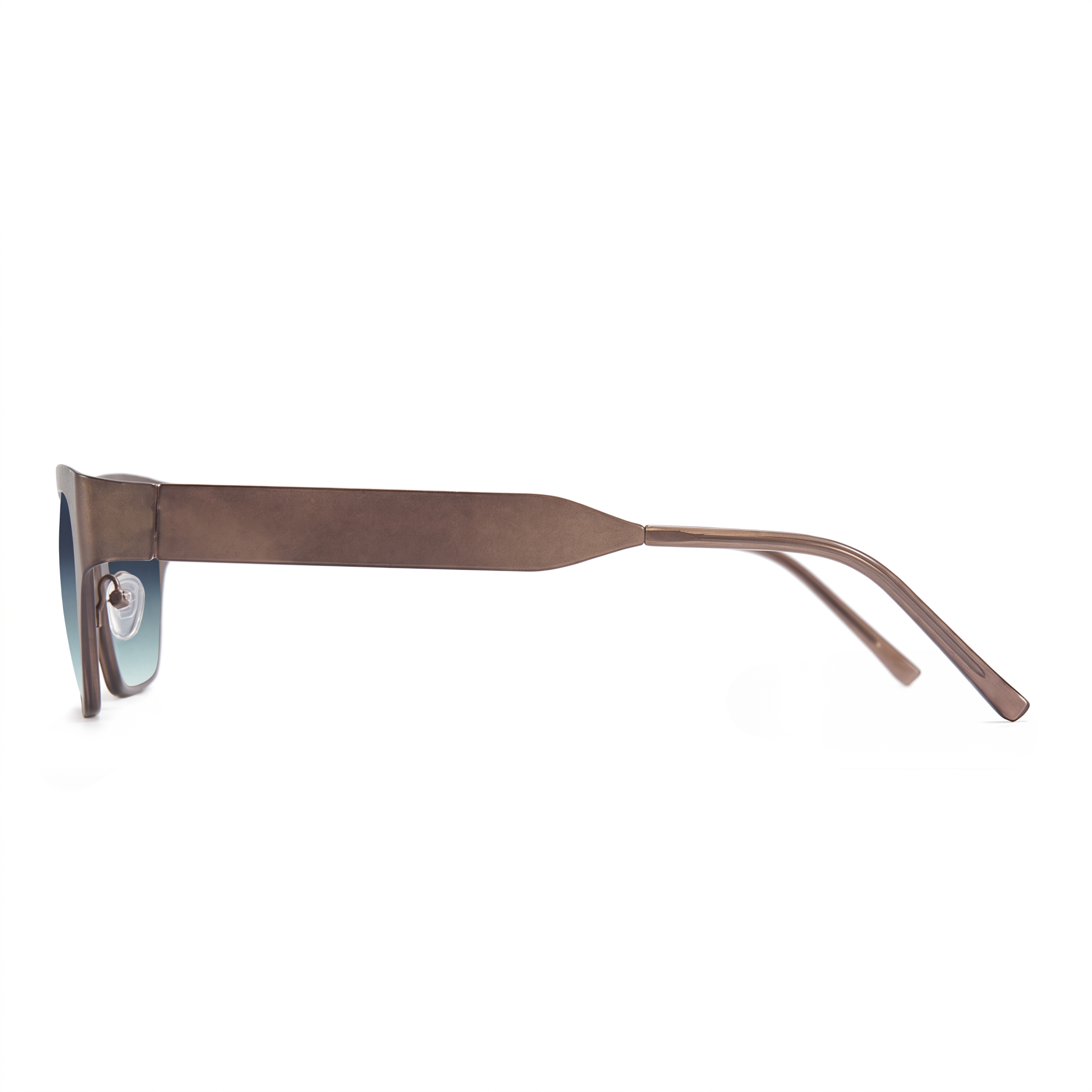 A pair of sunglasses with a thick, square-shaped brown metal frame, shown in a side profile view against a plain white background.