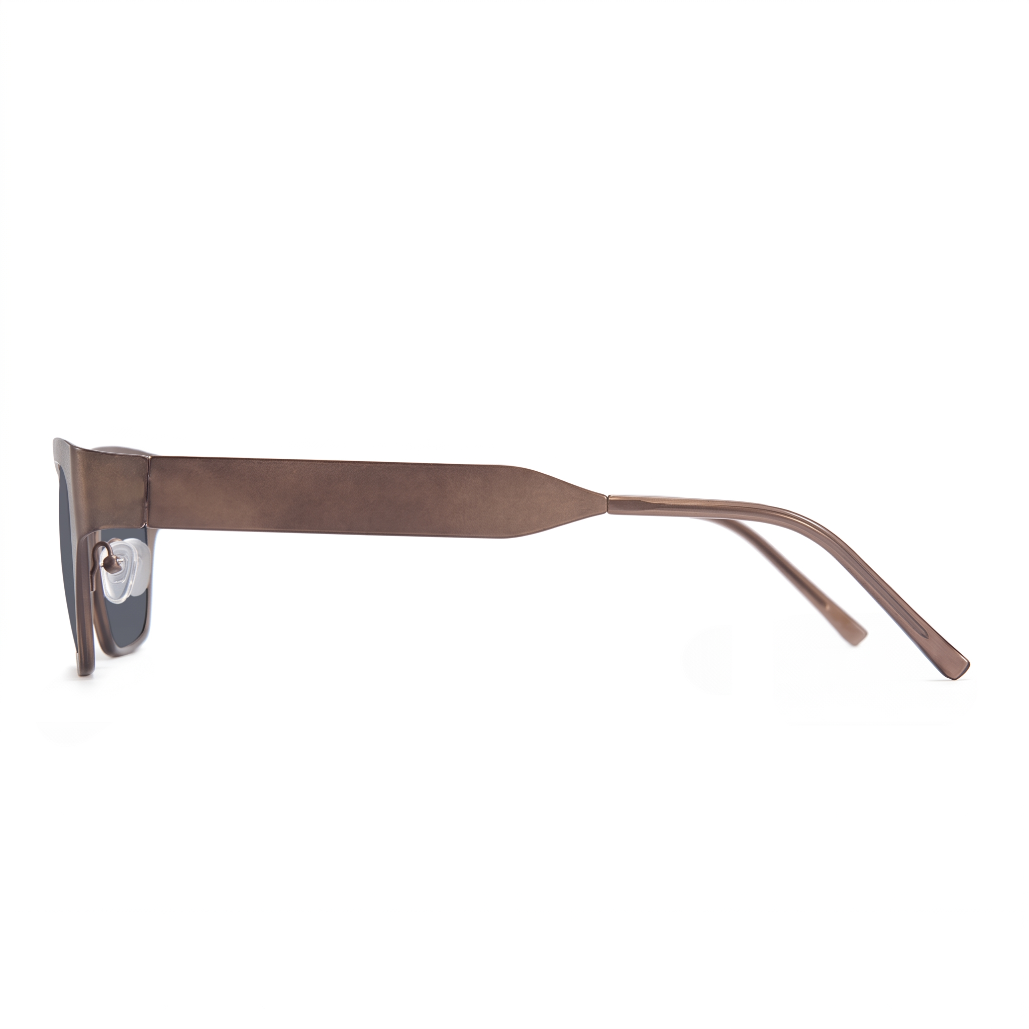 A pair of sunglasses with a unique square-shaped frame and thick, flat metal temples in a warm bronze-brown finish, shown from a side profile on a white background.