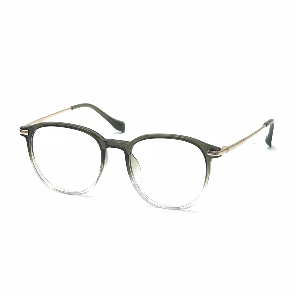 Round eyeglasses with a gold frame on a white background