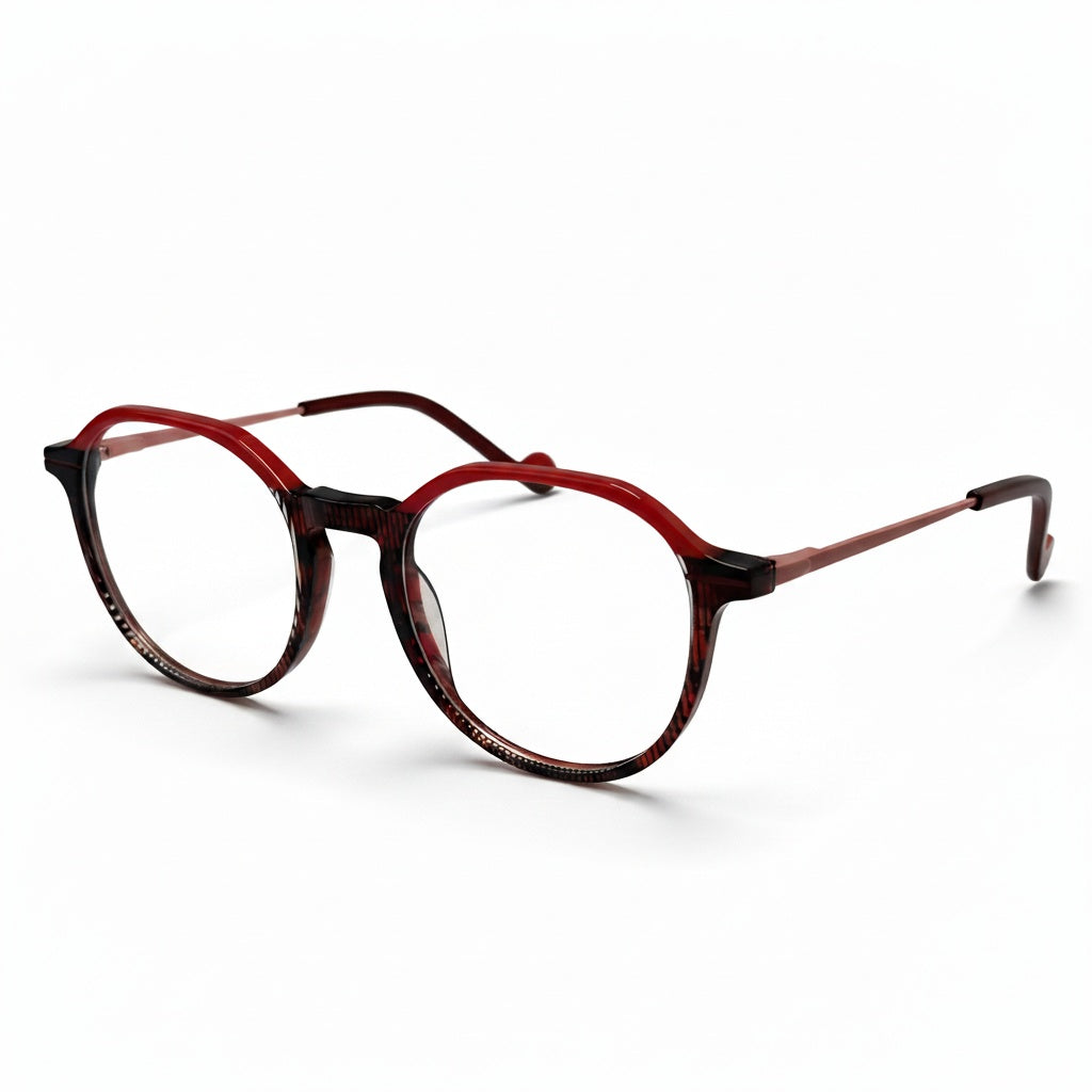 Round eyeglasses with a red and black frame on a white background