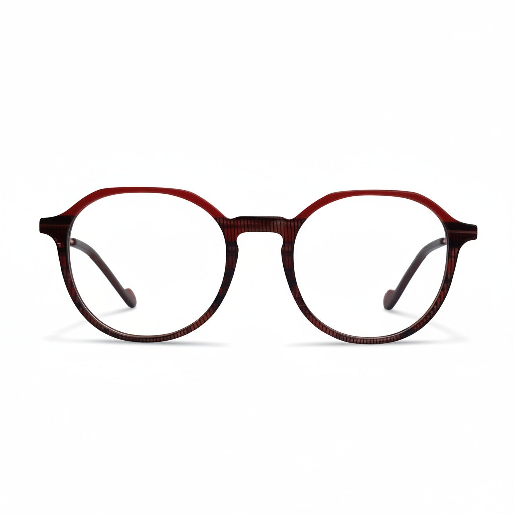 Round eyeglasses with a brown frame on a white background
