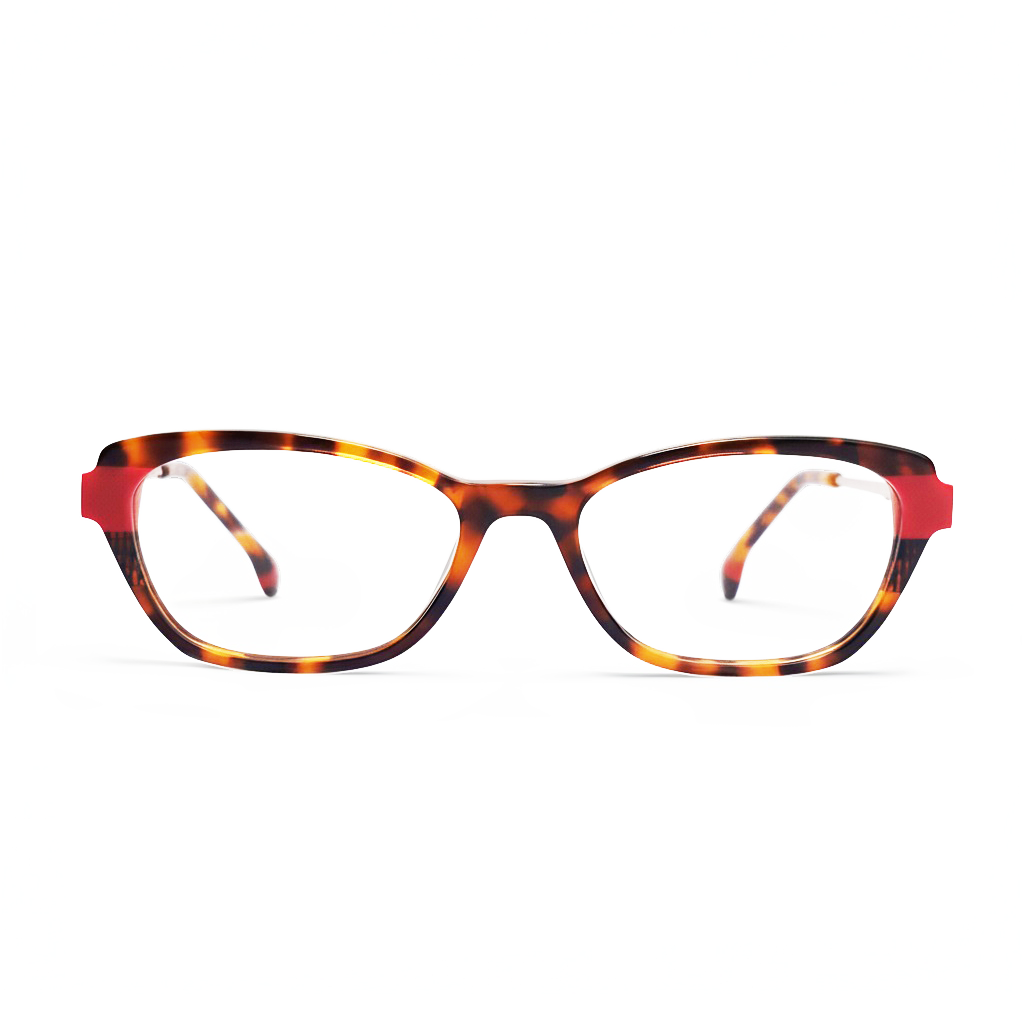 Tortoiseshell eyeglasses with red accents on a white background