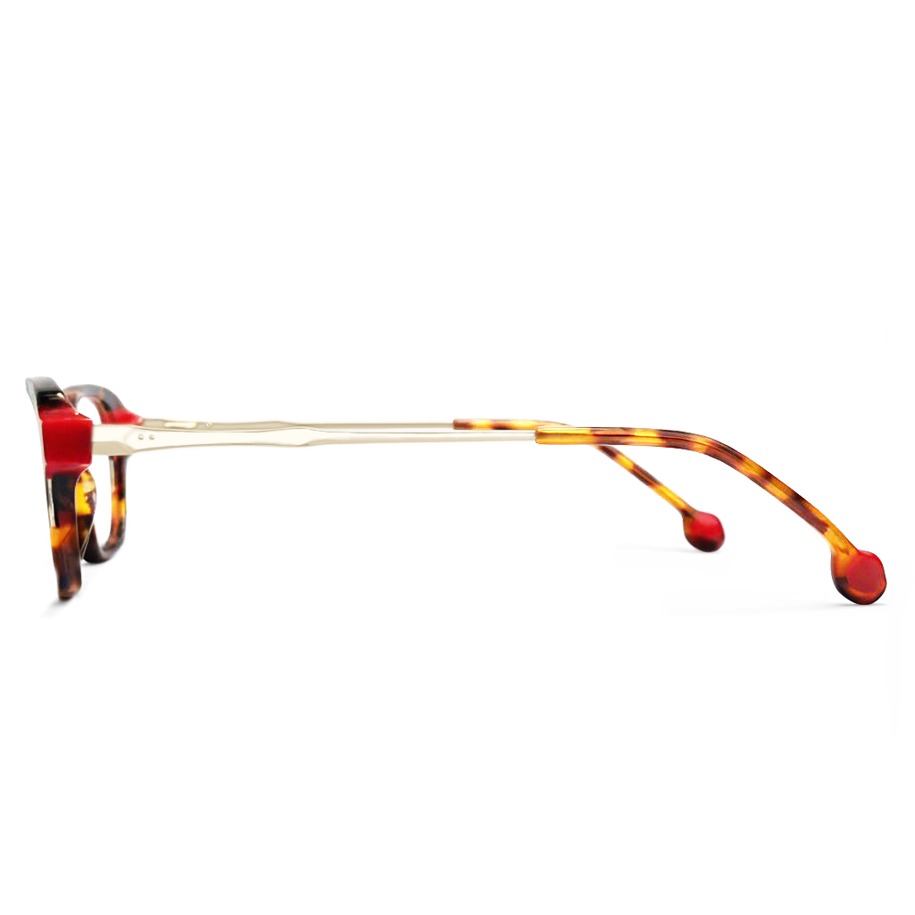 Glasses with a tortoiseshell frame and red accents on a white background