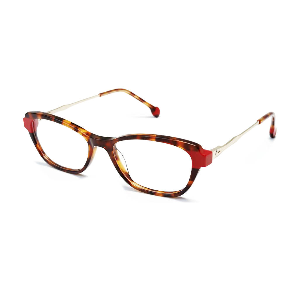 Eyeglasses with tortoiseshell and red frame on a white background