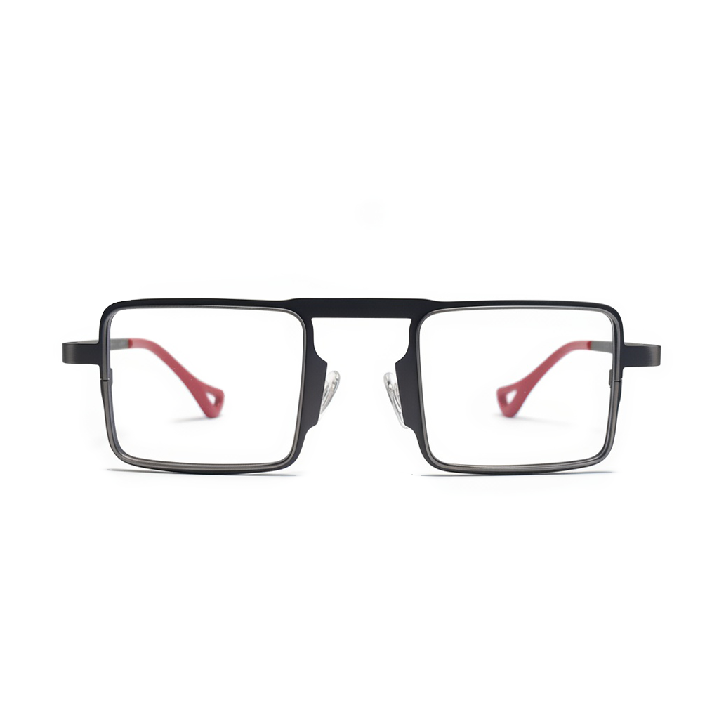 Black rectangular eyeglasses with red accents on a white background