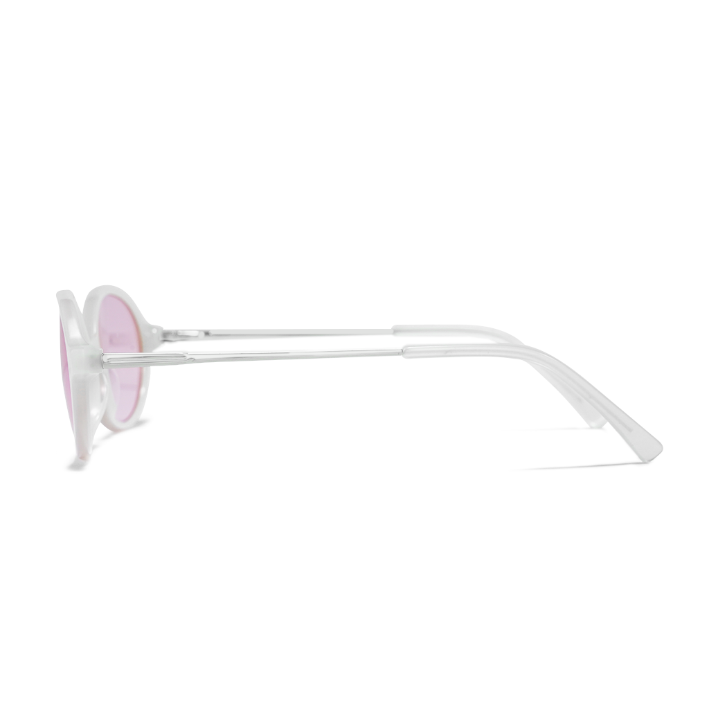 Round sunglasses with a translucent white frame and light pink lenses, shown in a side profile view against a white background.