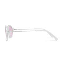Round sunglasses with a translucent white frame and light pink lenses, shown in a side profile view against a white background.