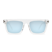 Clear acetate square-frame sunglasses with light blue mirrored lenses, shown from the front on a white background.