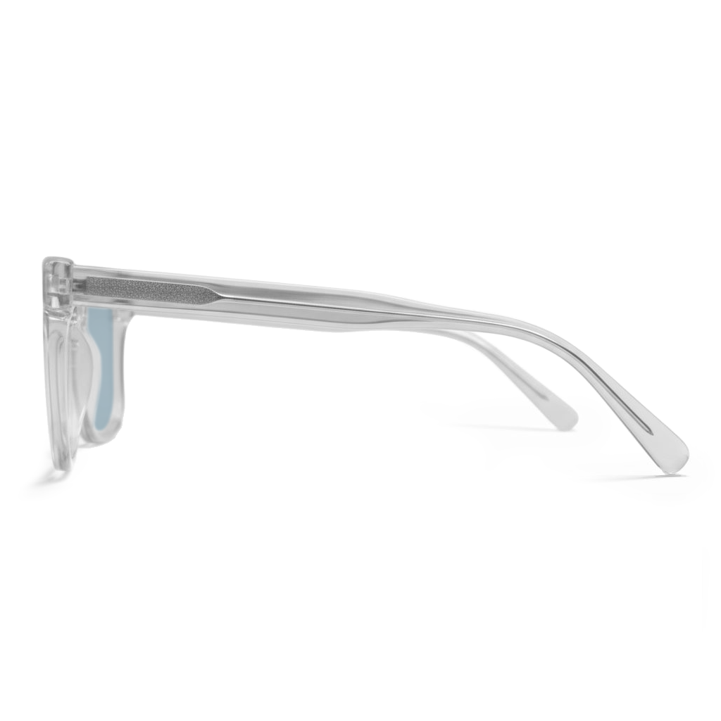 A pair of clear acetate square-frame sunglasses with silver metal temples, shown in a side profile view against a white background.