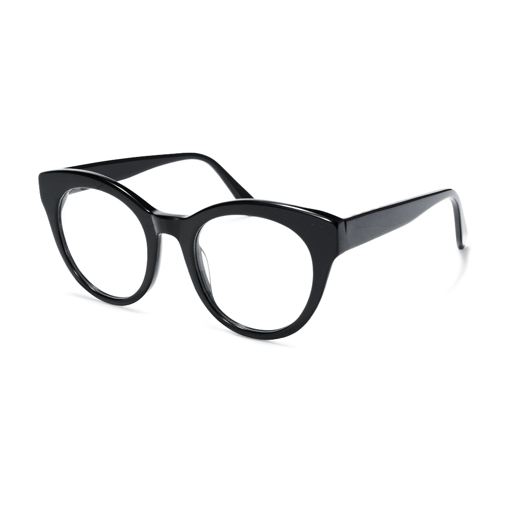 Black cat-eye eyeglasses with clear lenses, shown from a three-quarters angle on a white background.
