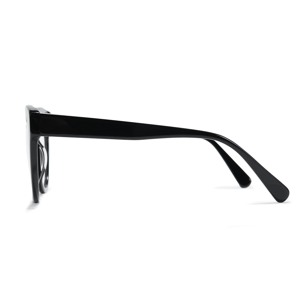 Black sunglasses with a brand logo on the arm against a white background
