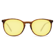 Sunglasses with wooden frame and yellow lenses on a white background