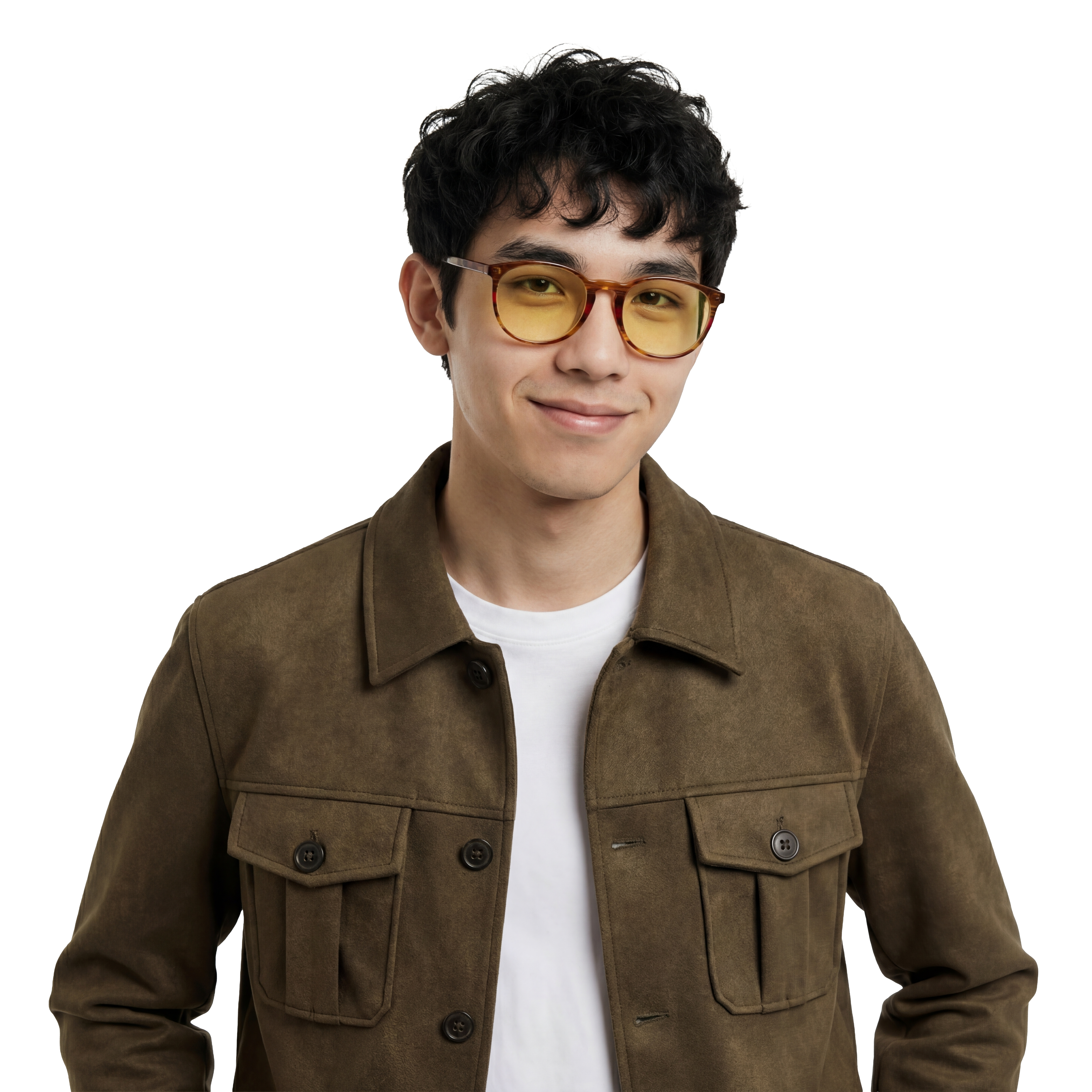 Man wearing a brown jacket and yellow-tinted glasses on a white background