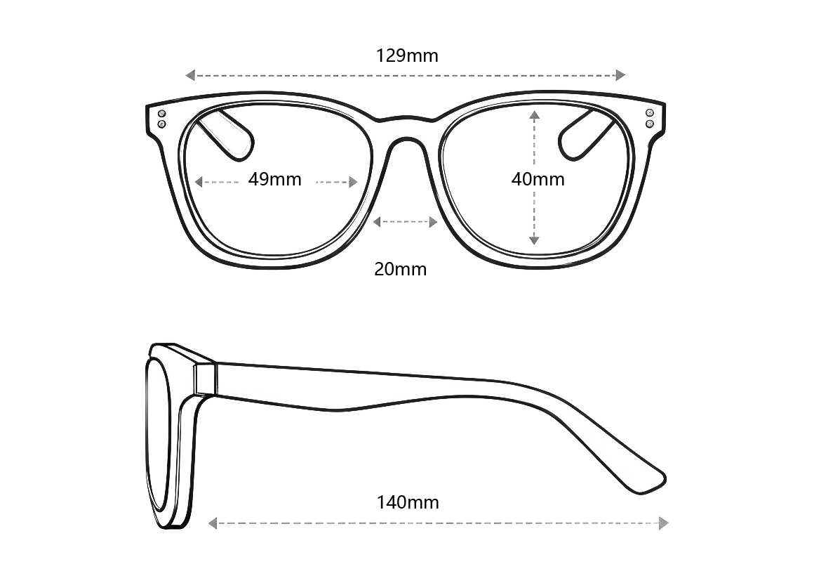 Measurement chart of a pair of eyeglasses with dimensions labeled.