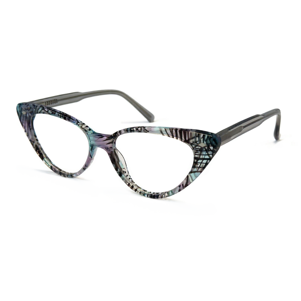 Cat-eye glasses with a patterned frame on a white background