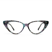 Cat-eye glasses with a multicolored frame on a white background