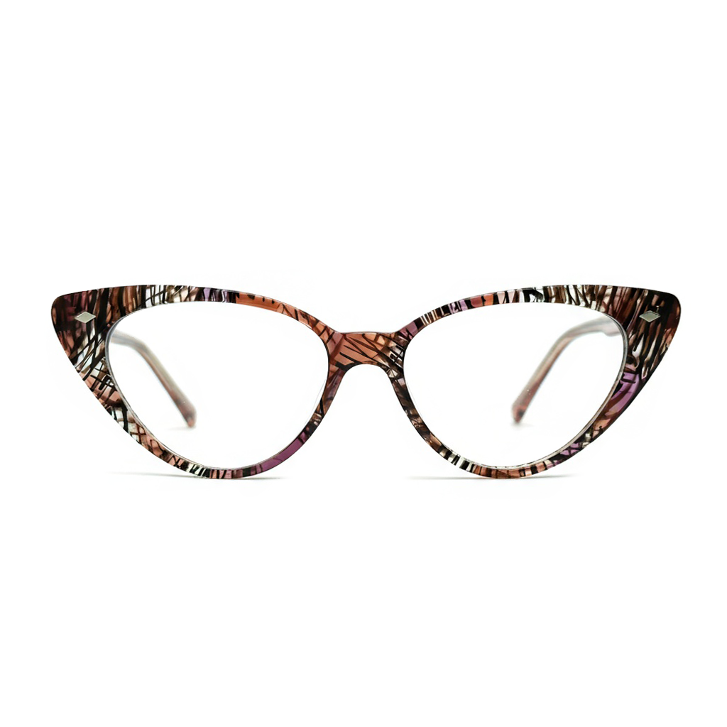 Cat-eye glasses with a patterned frame on a white background
