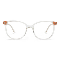 Clear eyeglasses with brown accents on a white background