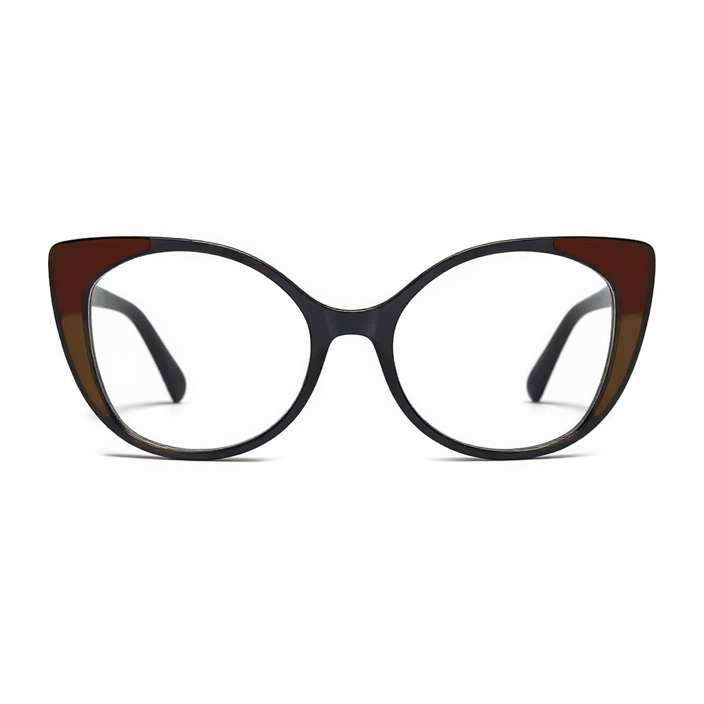 Cat-eye glasses with a black and brown frame on a white background