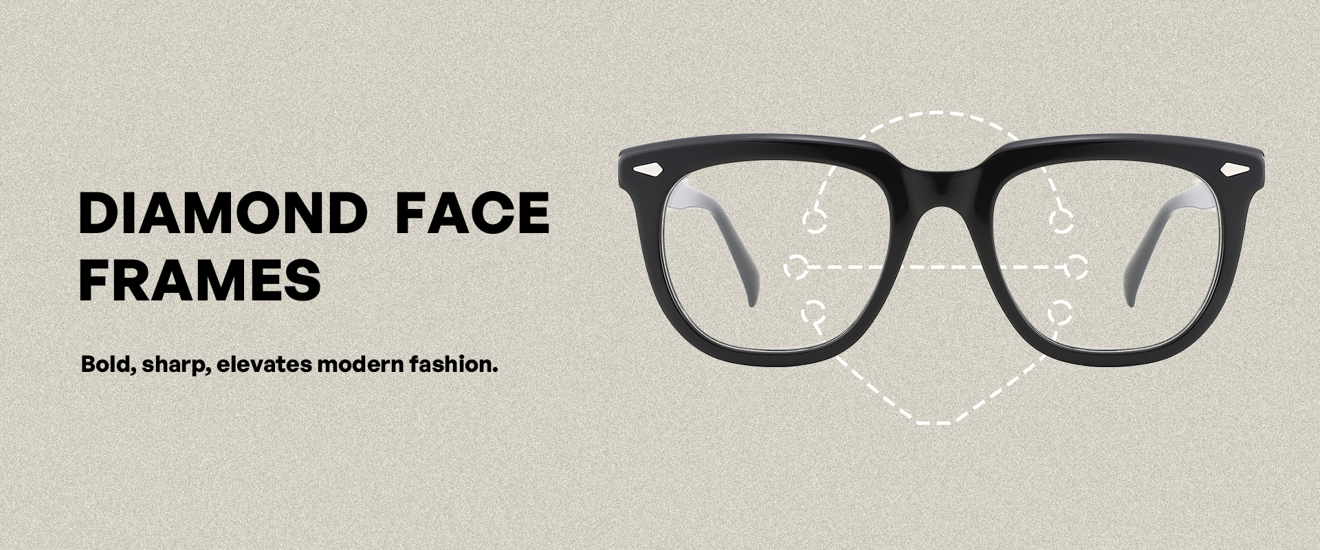 Black eyeglasses with labeled face areas on a beige background, featuring text about 'Diamond Face Frames'.