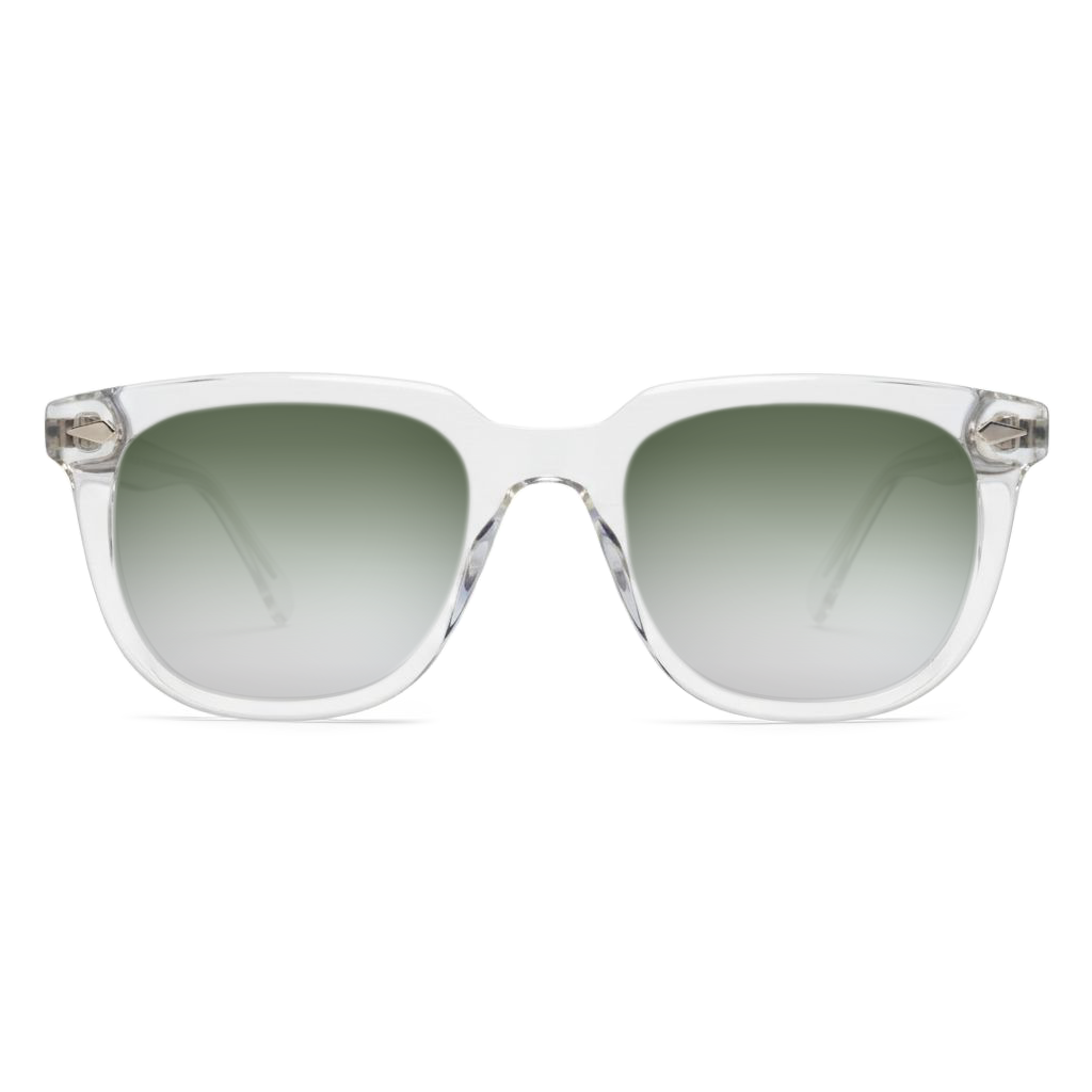 Clear frame sunglasses with green gradient lenses on a white background