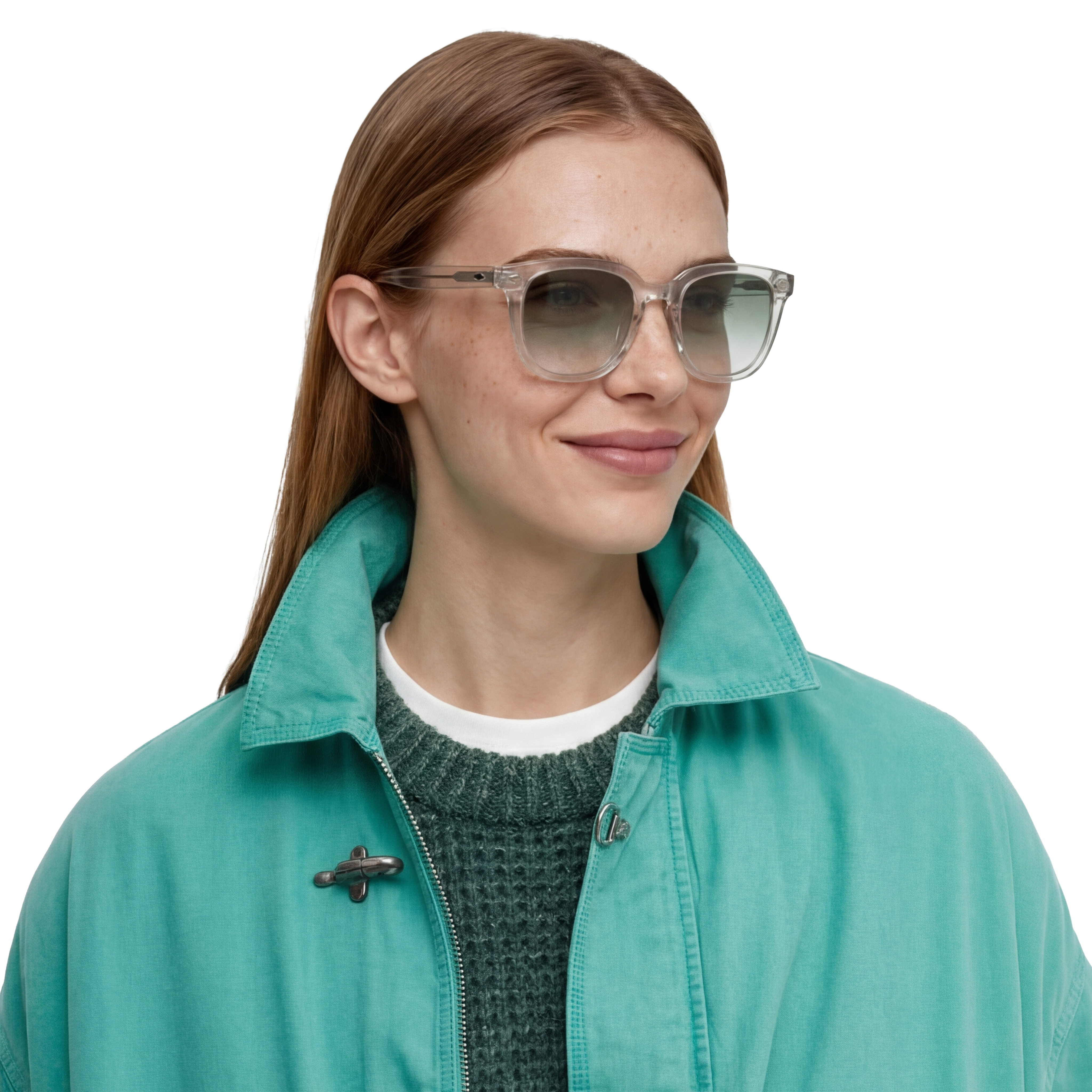 Woman wearing a teal jacket and sunglasses on a white background