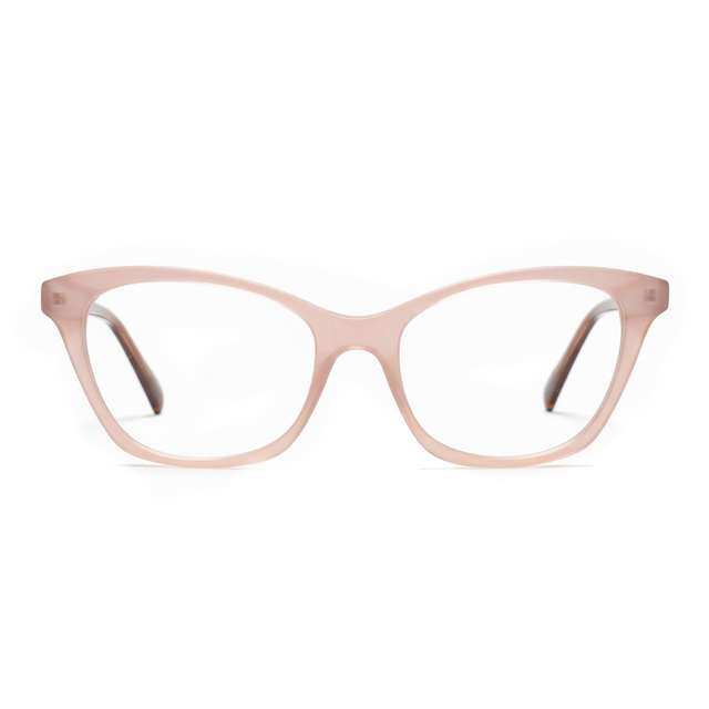 Cat-eye glasses with a light pink frame on a white background