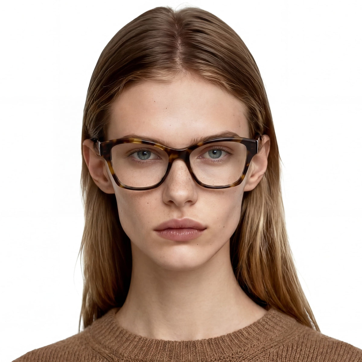 Woman wearing glasses with a plain white background