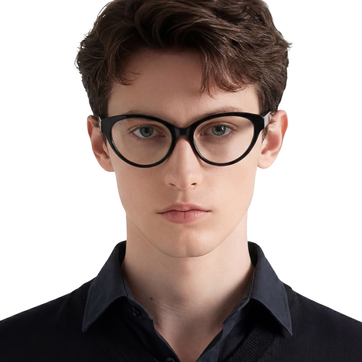 Person wearing black glasses and a dark shirt on a white background