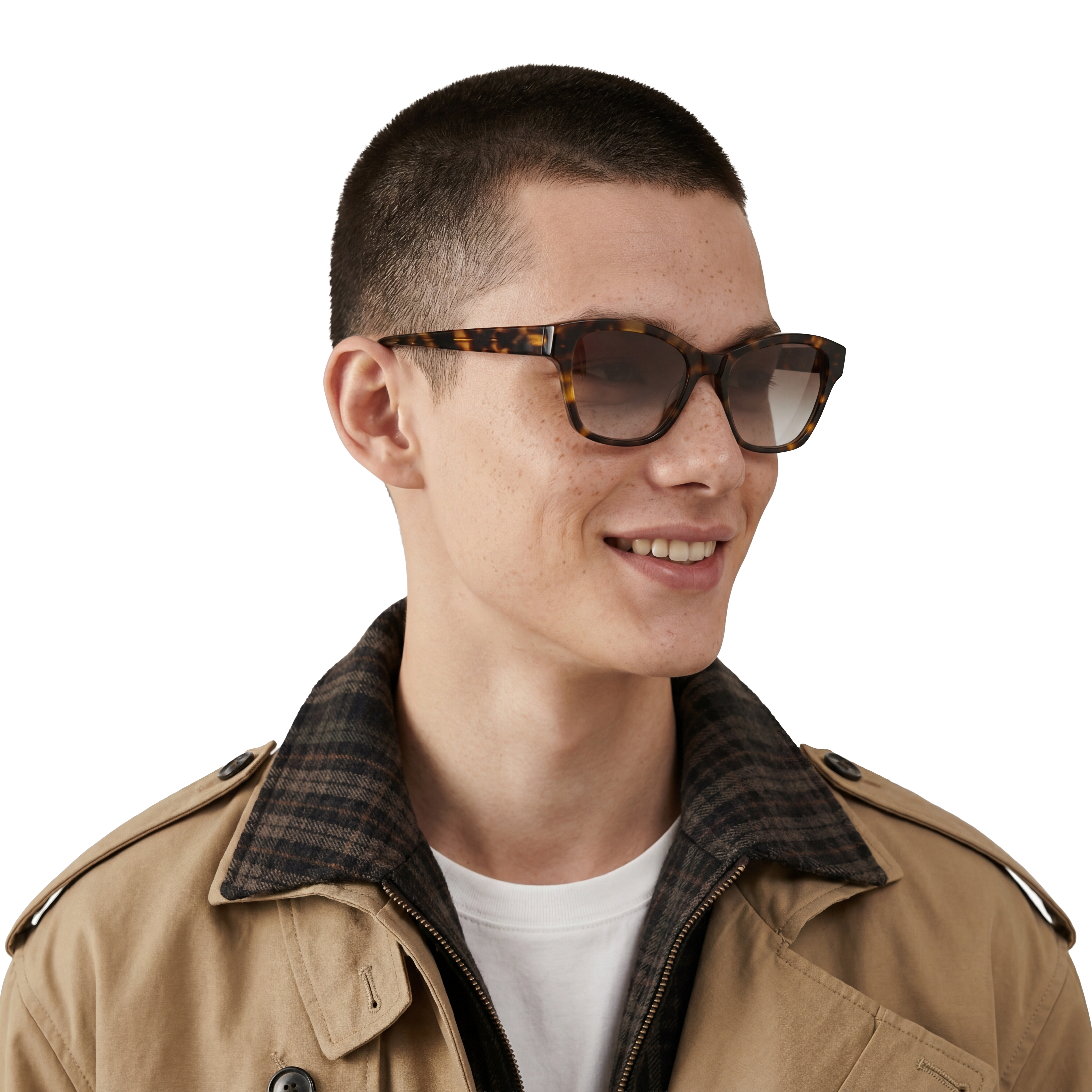 Man wearing sunglasses and a beige trench coat on a white background