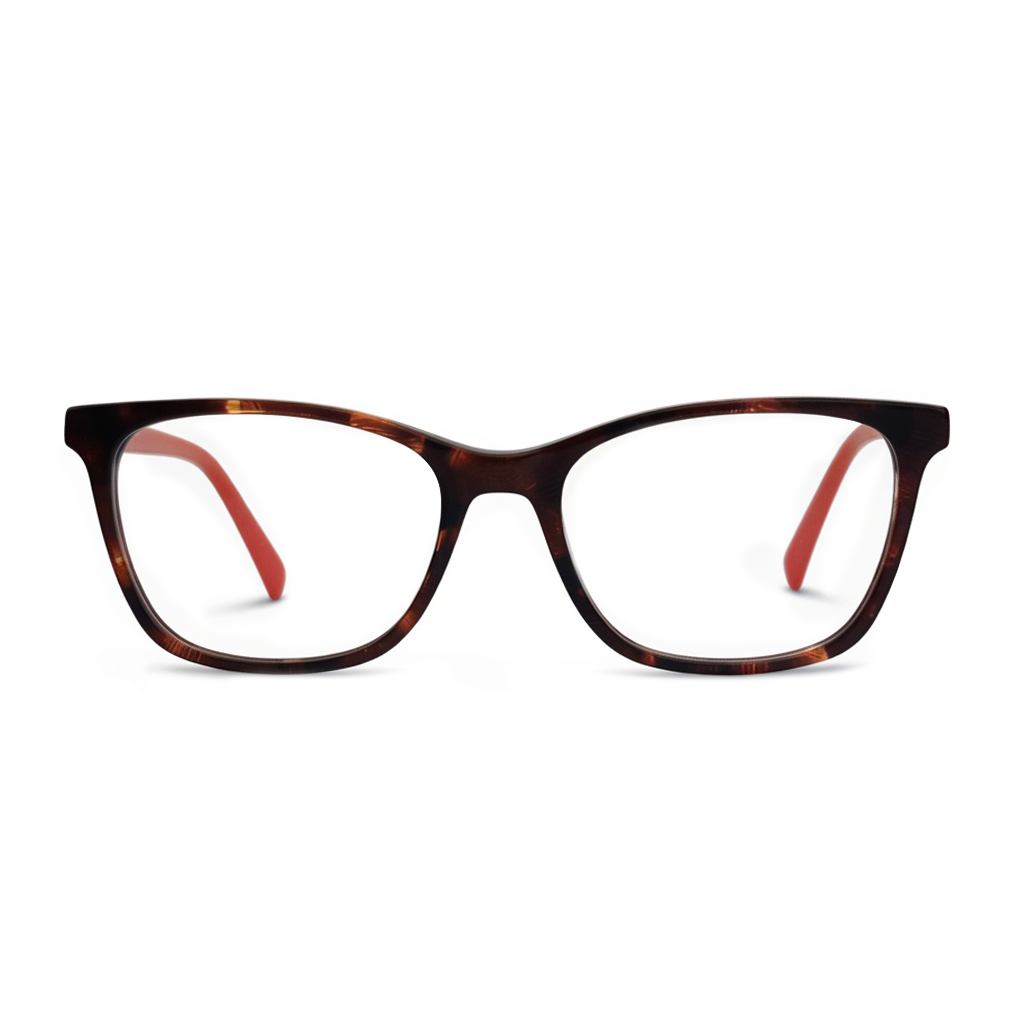 Brown tortoiseshell glasses with red accents on a white background