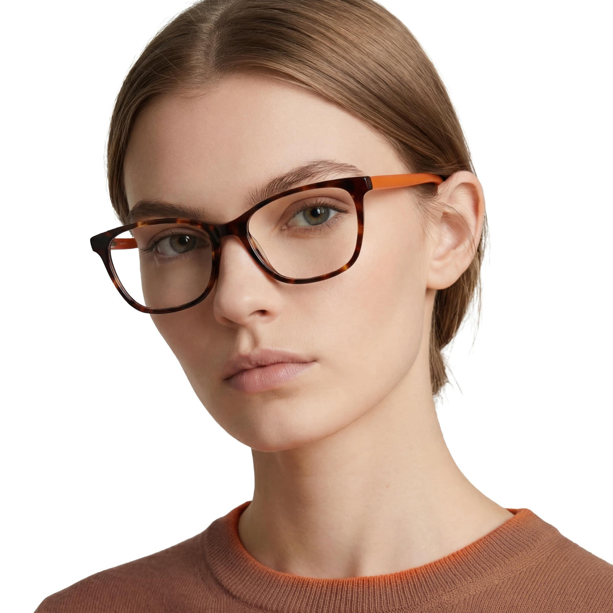 Person wearing a pair of glasses with a tortoiseshell frame on a white background