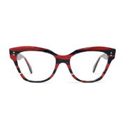 Cat-eye glasses with a red and black tortoiseshell frame on a white background