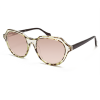 Sunglasses with a tortoiseshell frame and pink lenses on a white background