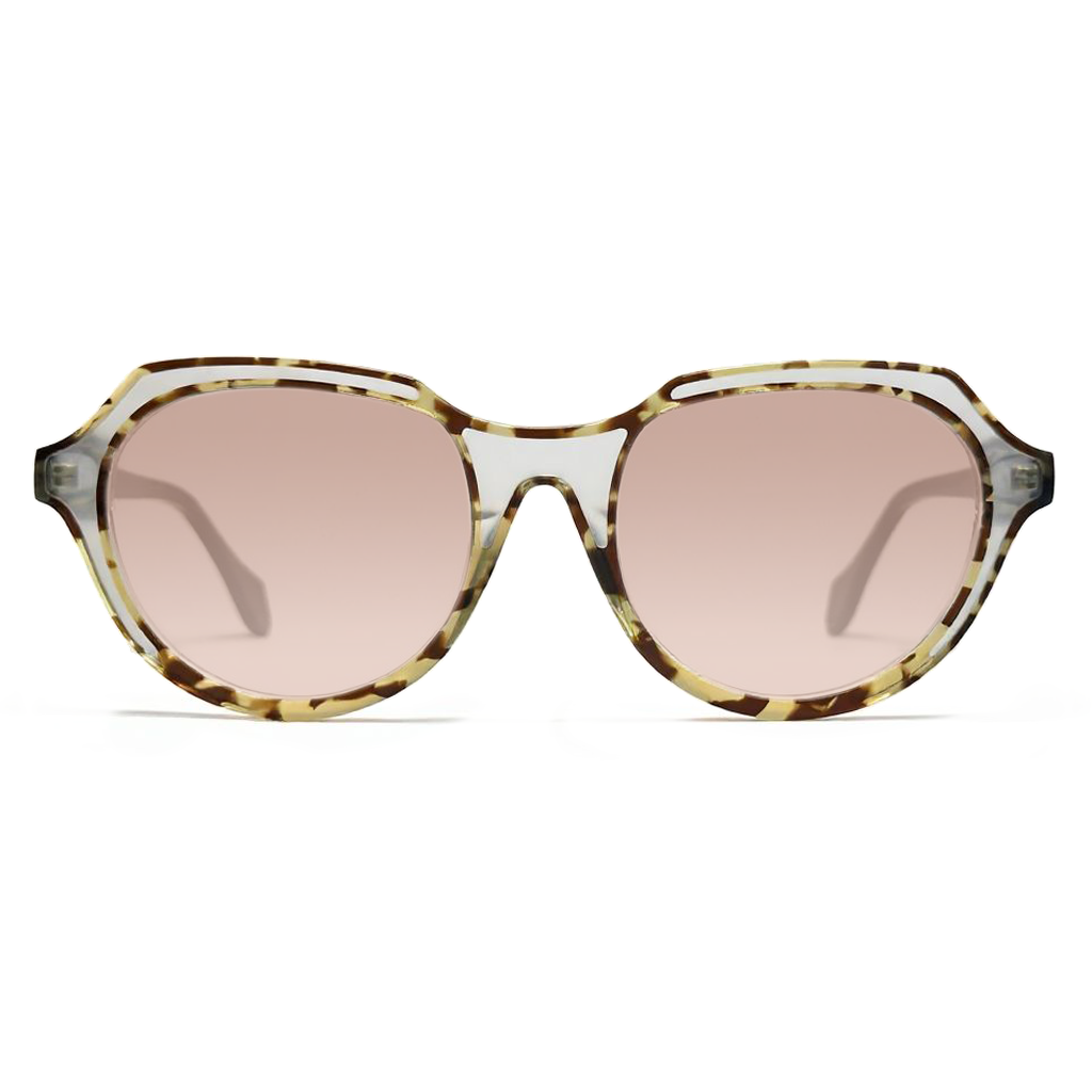 Sunglasses with tortoiseshell frame and pink lenses on a white background