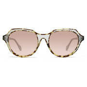 Sunglasses with tortoiseshell frame and pink lenses on a white background